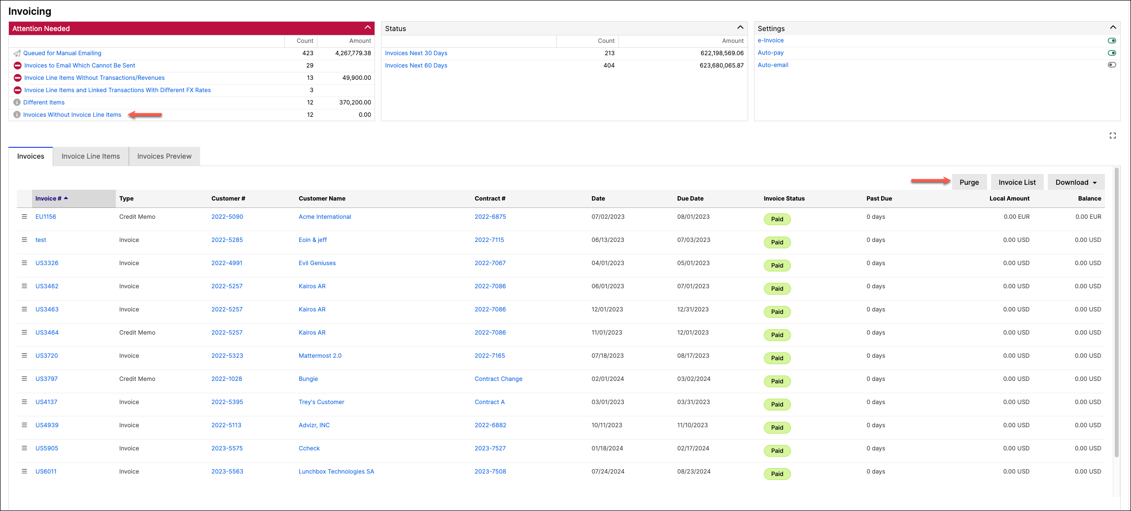 Invoicing home page with the invoice list and selection controls