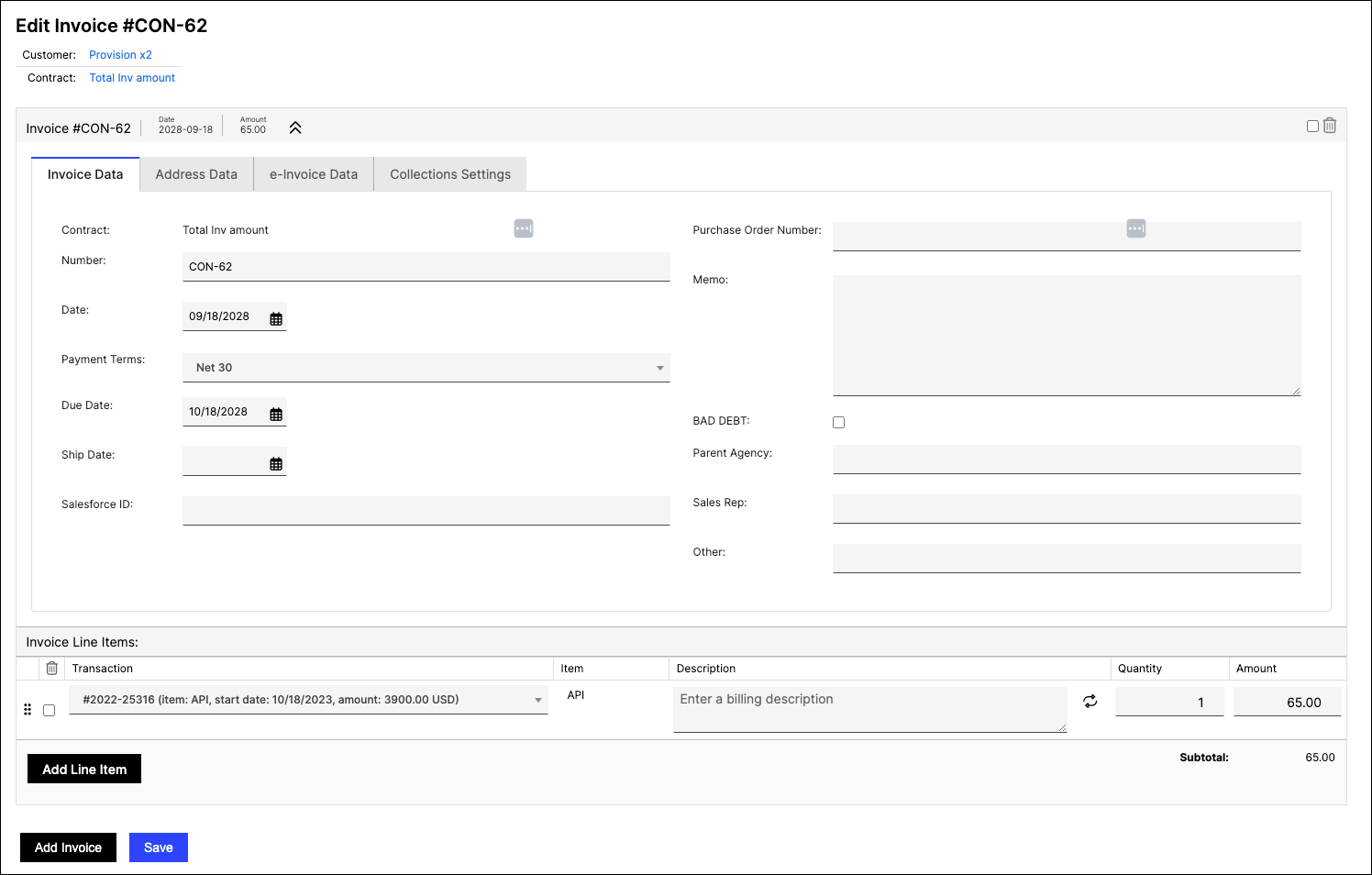 Edit Invoice screen
