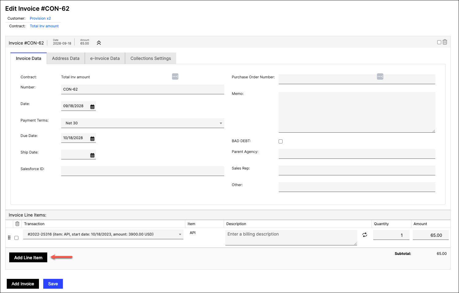 Invoice with its line items listed