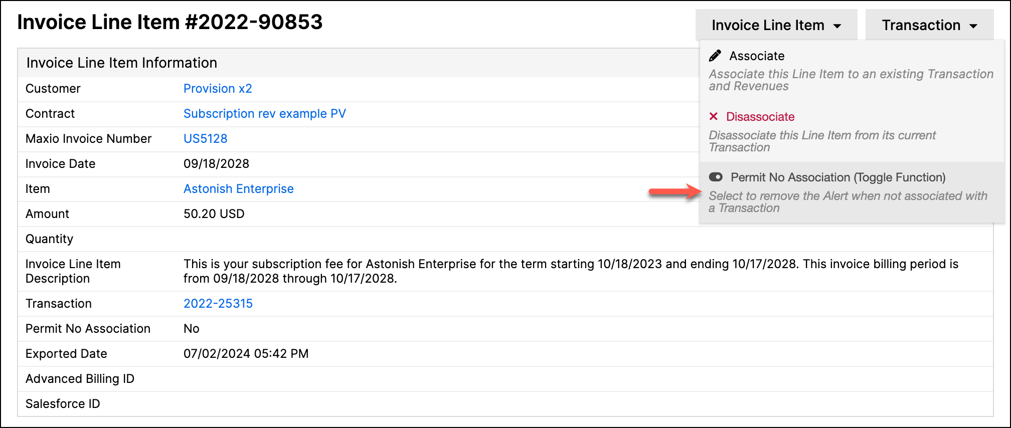 Invoice line item with a Permit No Association option
