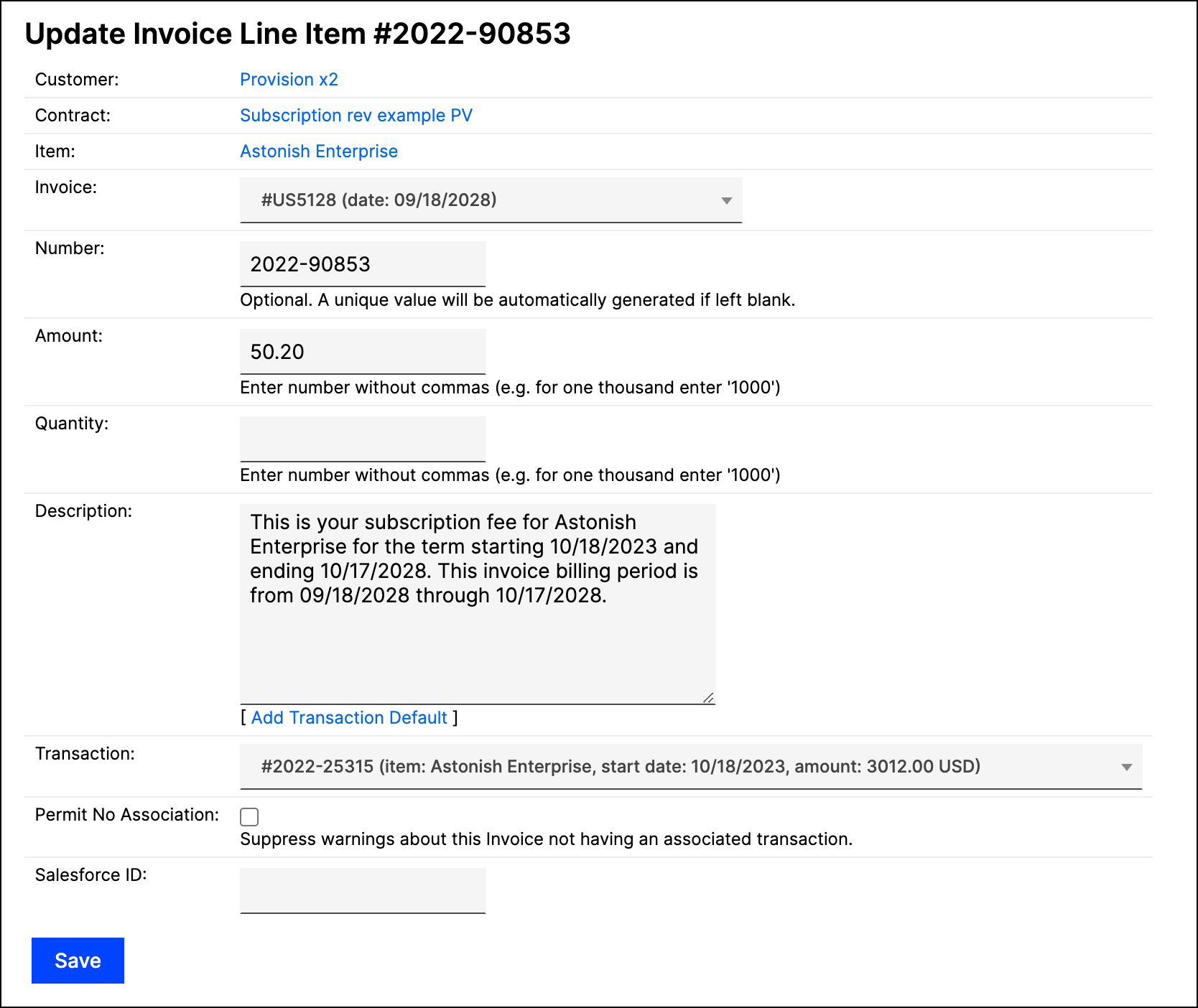 Update Invoice Line Item form