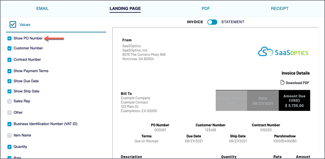 Show PO Number setting in Maxio e-Invoicing customization screen.