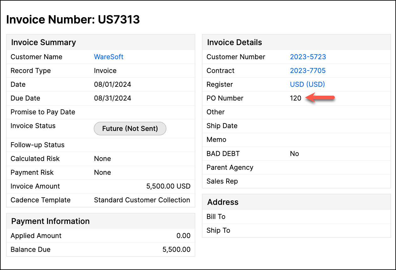Invoice with the purchase order number field highlighted