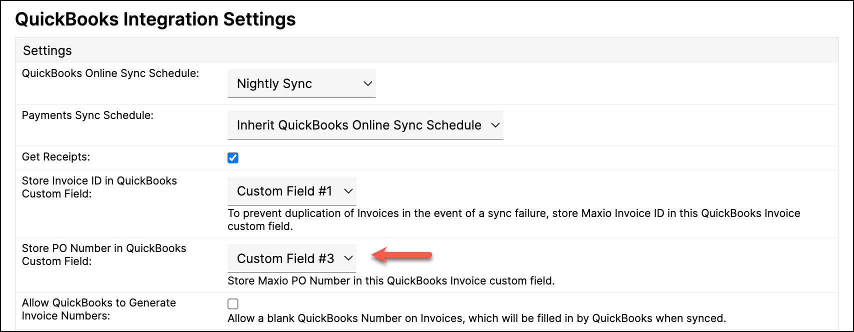 QuickBooks Integration Settings page with PO Number field highlighted.