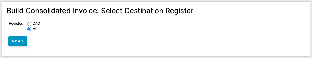 Build Consolidated Invoice wizard: Select Destination Register step
