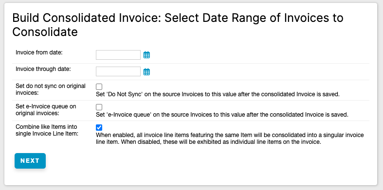 Build Consolidated Invoice wizard: Select Date Range of Invoices to Consolidate step, with checkboxes for sync and combine options