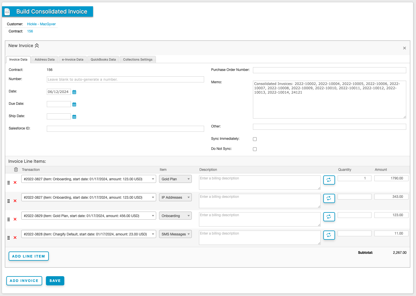 Build Consolidated Invoice screen showing the populated Memo field and editable invoice line items
