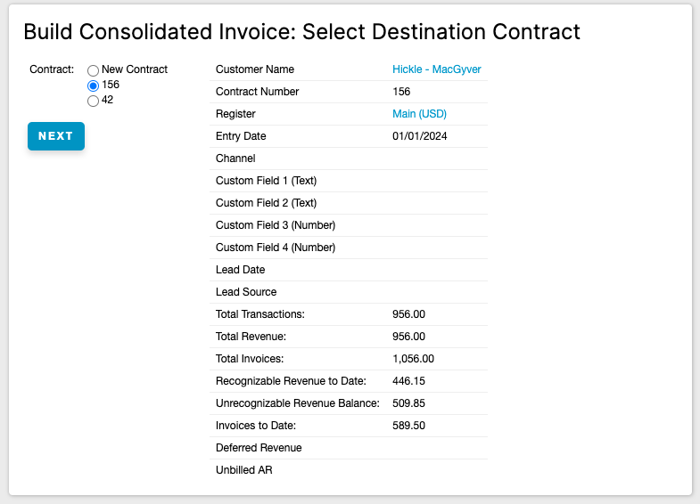 Build Consolidated Invoice wizard: Select Destination Contract step