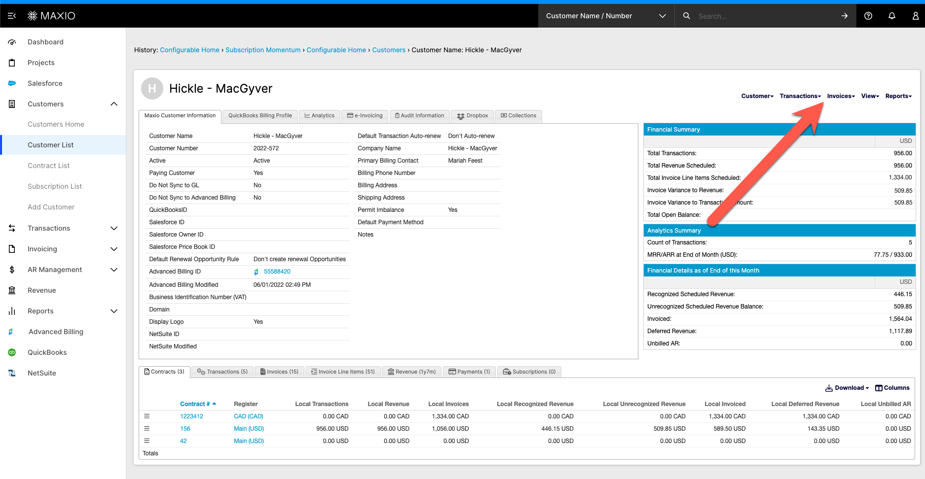 Customer page with the Invoices menu open and an arrow pointing to it
