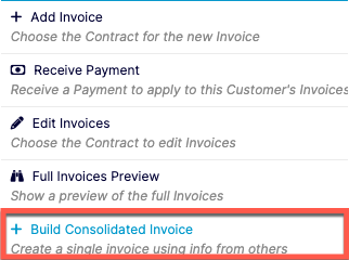 Invoices menu expanded, showing the Build Consolidated Invoice option