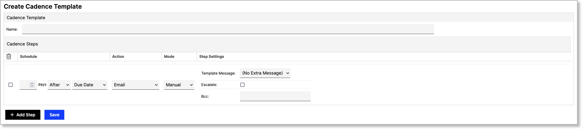 Cadence template list with the create control