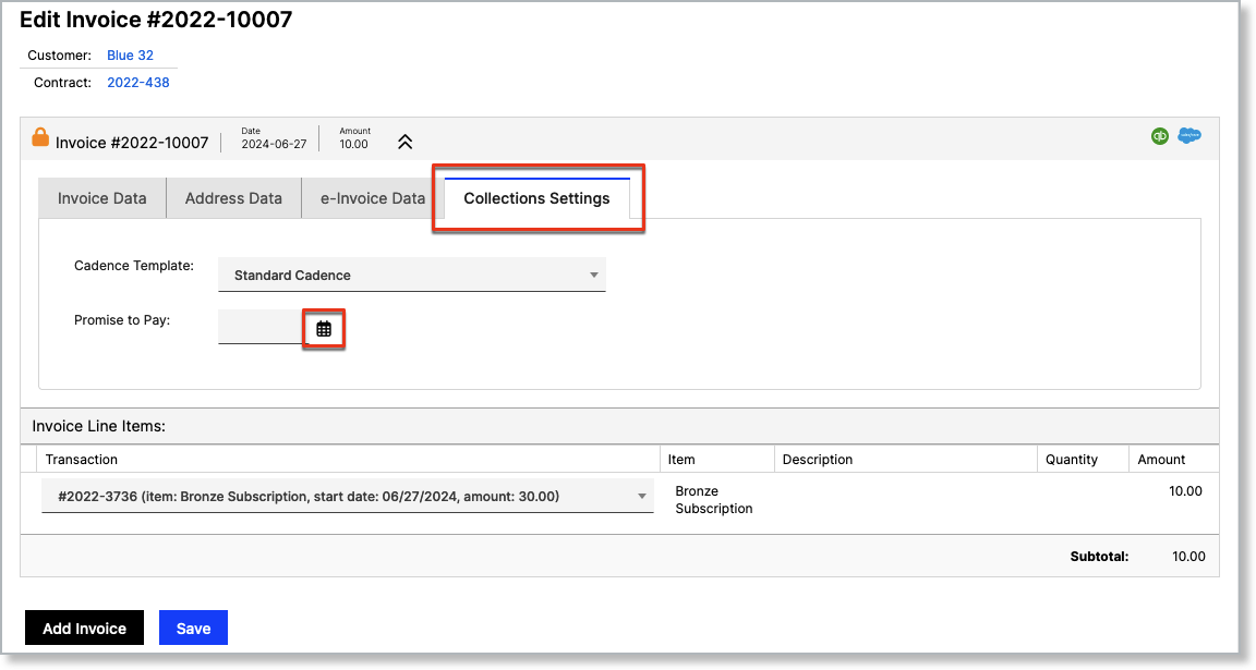 Collections Settings tab on an individual invoice