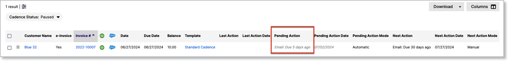 Invoice with its cadence paused by a promise-to-pay date