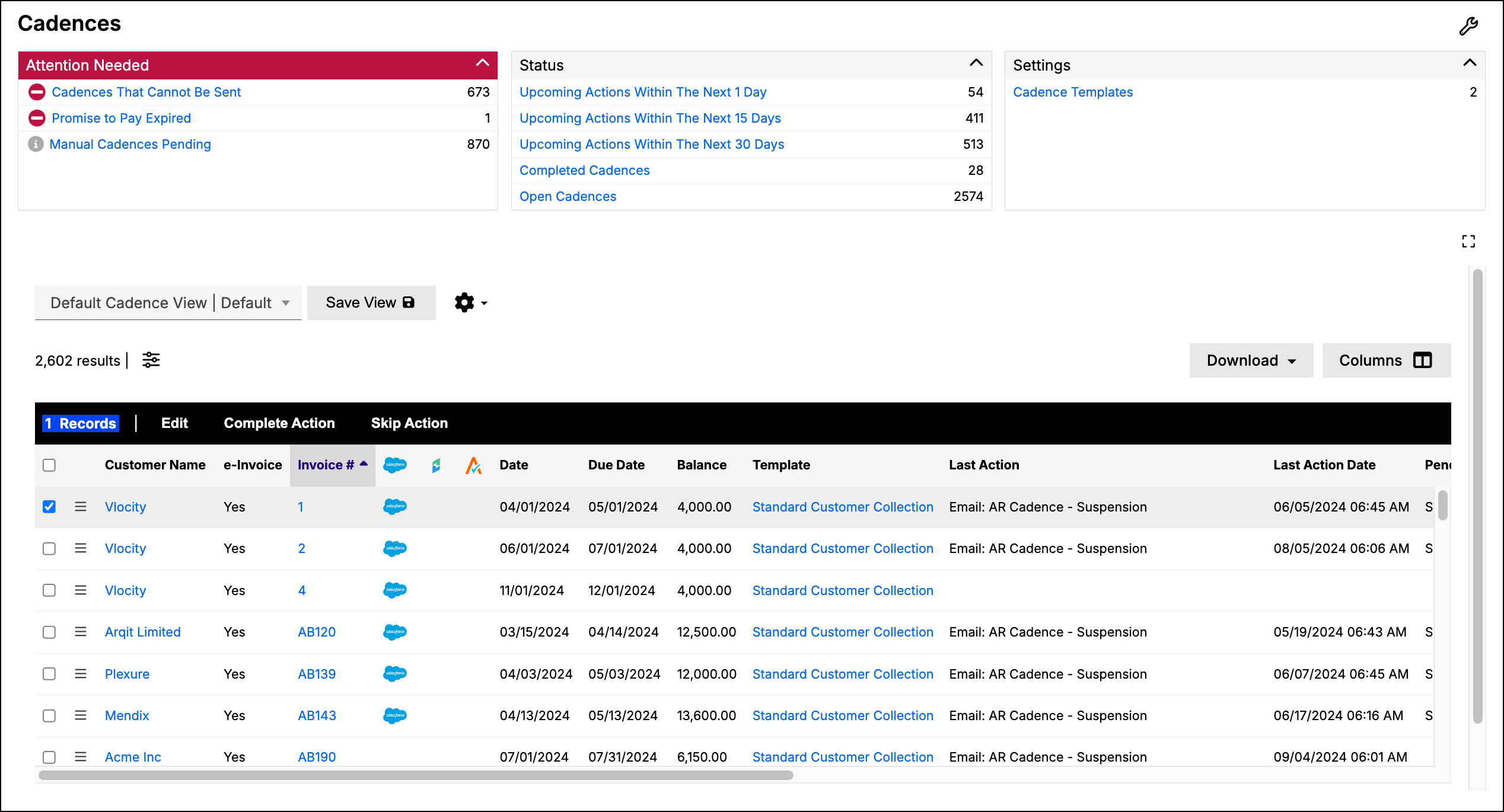Cadences list with templates, actions and statements tabs