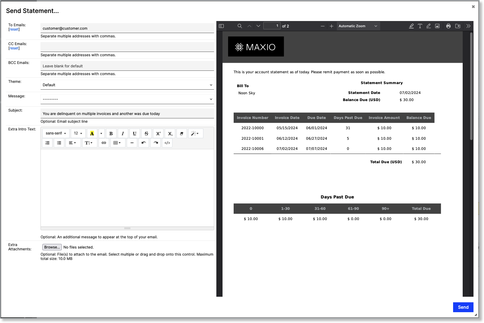 Generate Statement dialog with date range and delivery options
