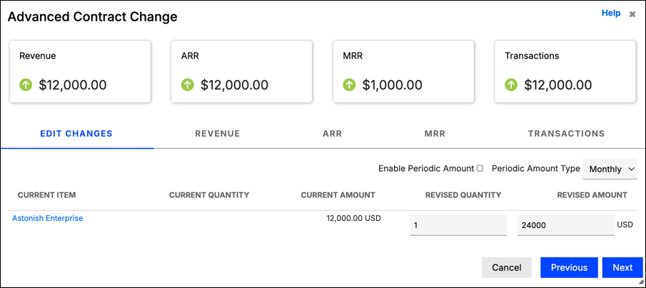 Advanced Contract Change screen with revenue, ARR, MRR and transaction preview tiles above an edit grid
