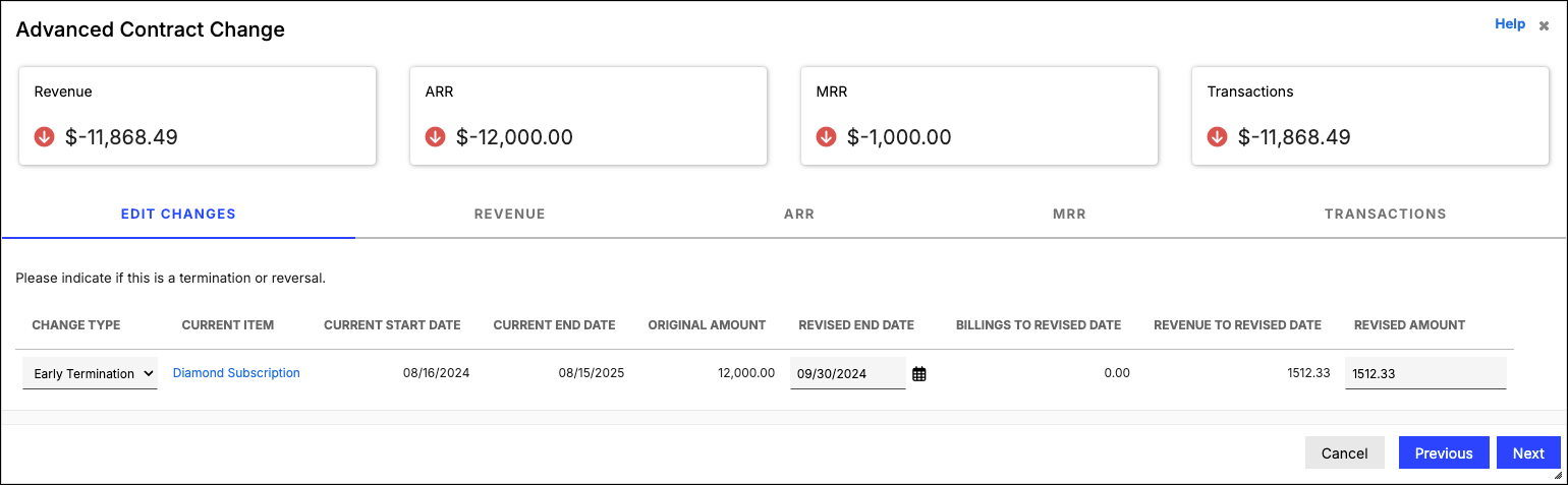 Advanced Contract Change screen with a final-amount field and a revised end date