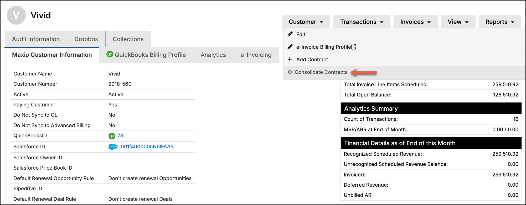 Customer menu open on Consolidate Contracts