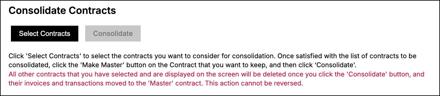 Consolidate Contracts page warning that unselected contracts are deleted and the action cannot be reversed