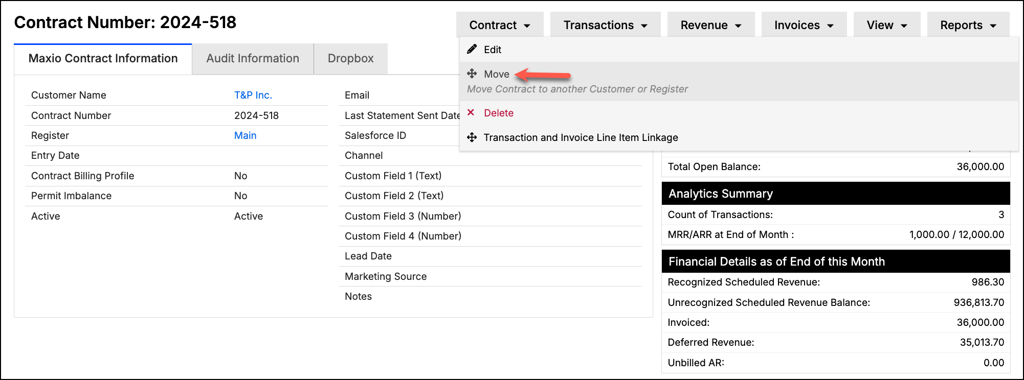 Contract menu open on Move, for moving a contract to another customer or register