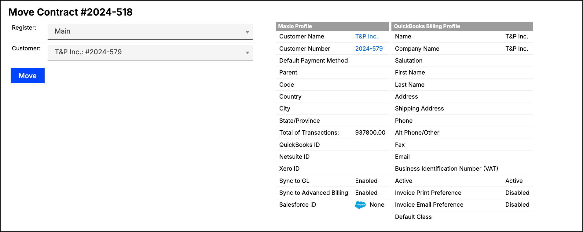 Move Contract form with a target customer selector and that customer's details