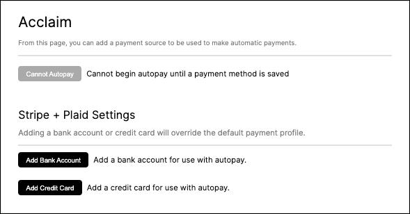 e-Bill billing profile with autopay disabled and its reason, beside controls to add a bank account or credit card