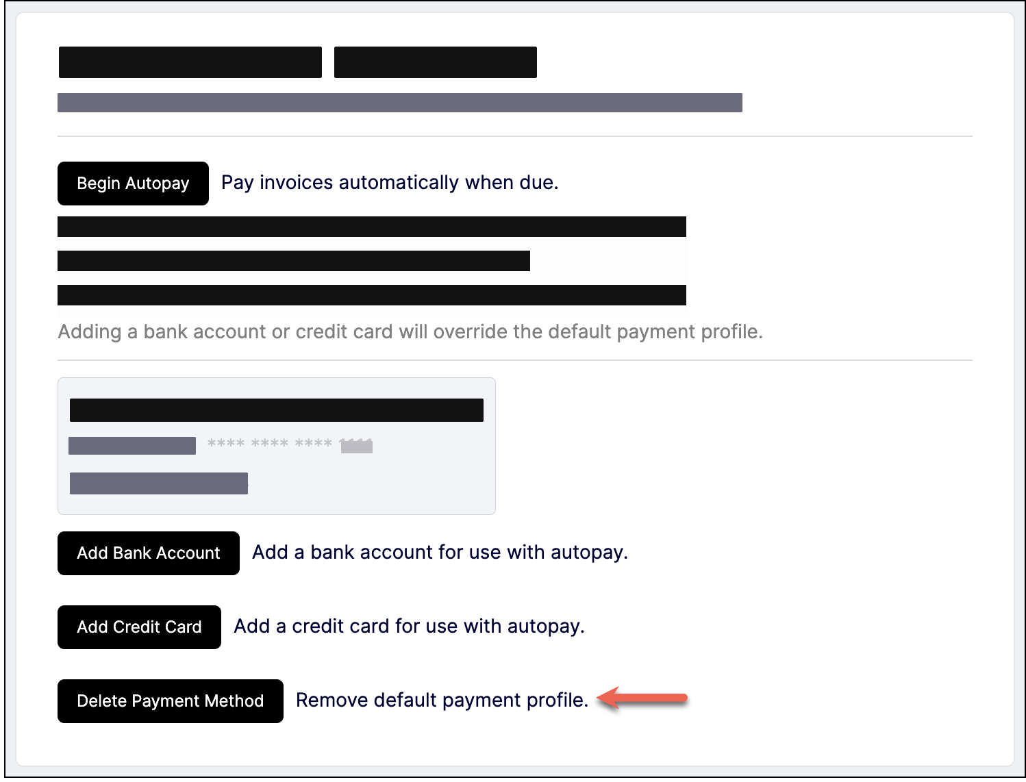 e-Bill billing profile once a payment method exists, with Begin Autopay available and a delete-payment-method control highlighted