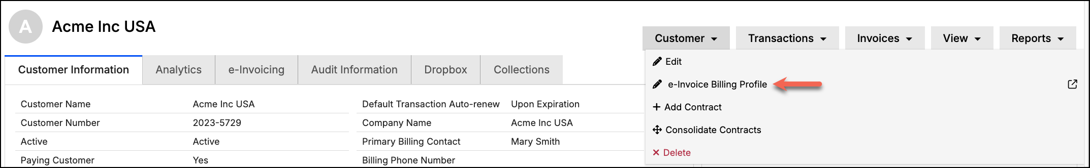 Customer page with the Customer menu open on e-Invoice Billing Profile