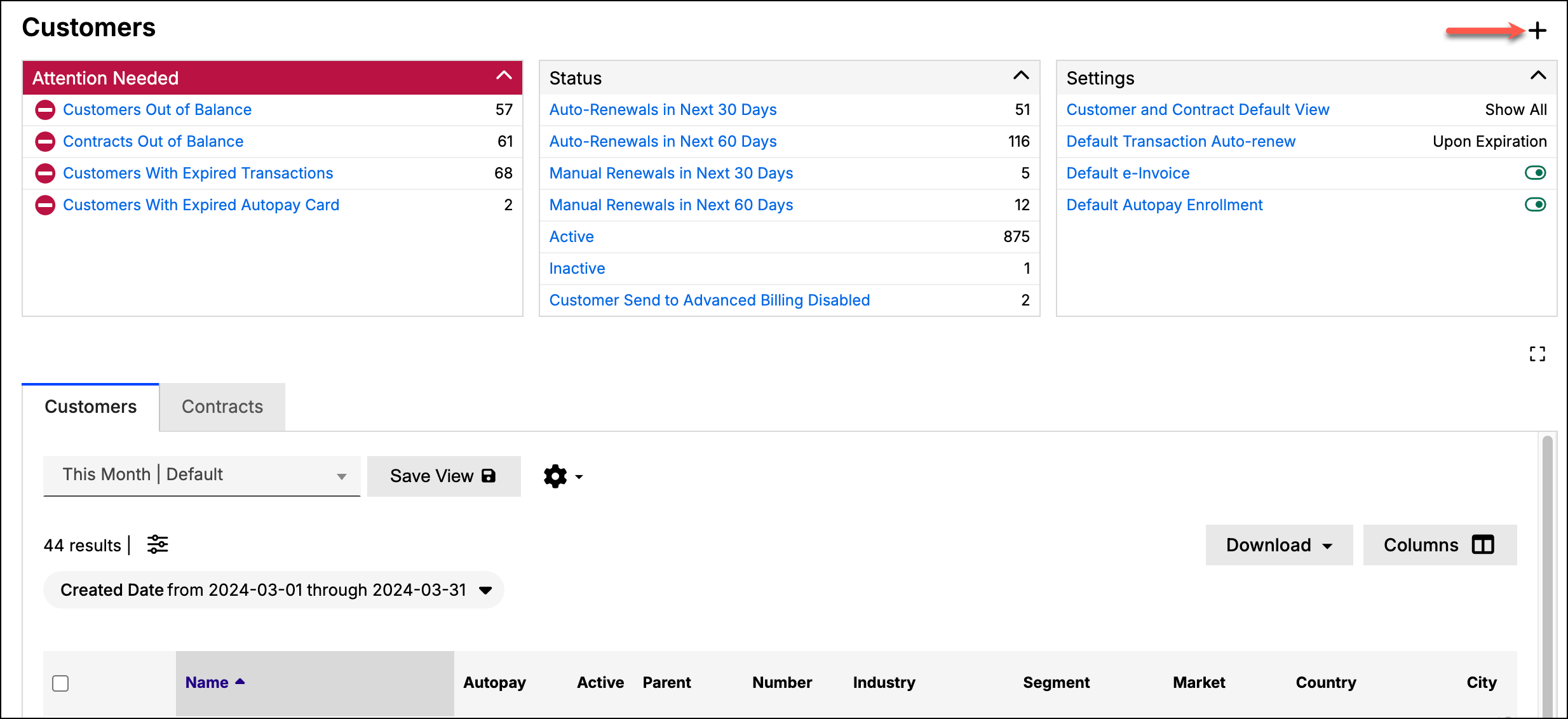 Customers landing page with alert, status and settings panels, and the add control highlighted