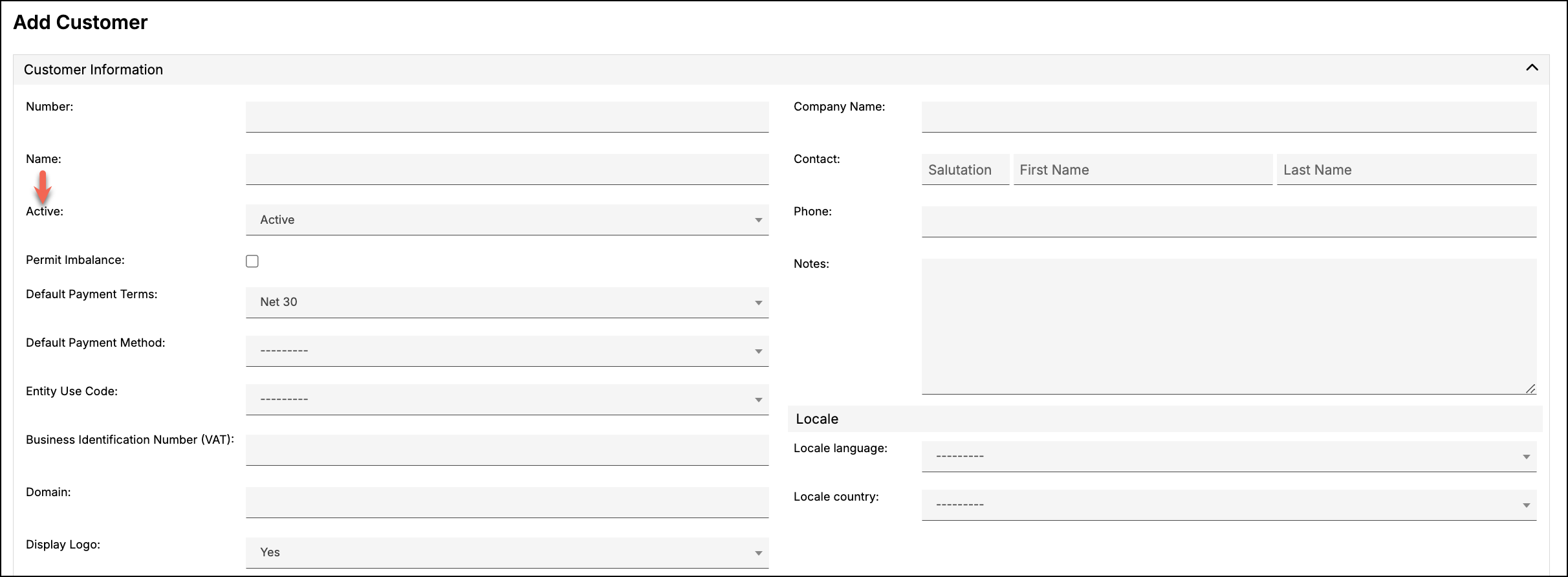 Add Customer form with the Active selector highlighted