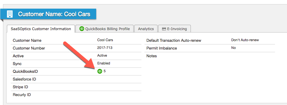 View Customer screen with a QuickBooks ID and a green sync indicator highlighted