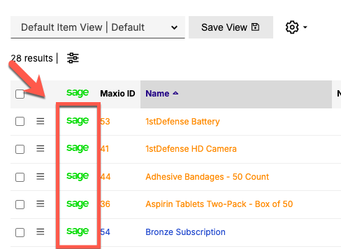 Sage Intacct item list with the Maxio IDs beside each item name highlighted