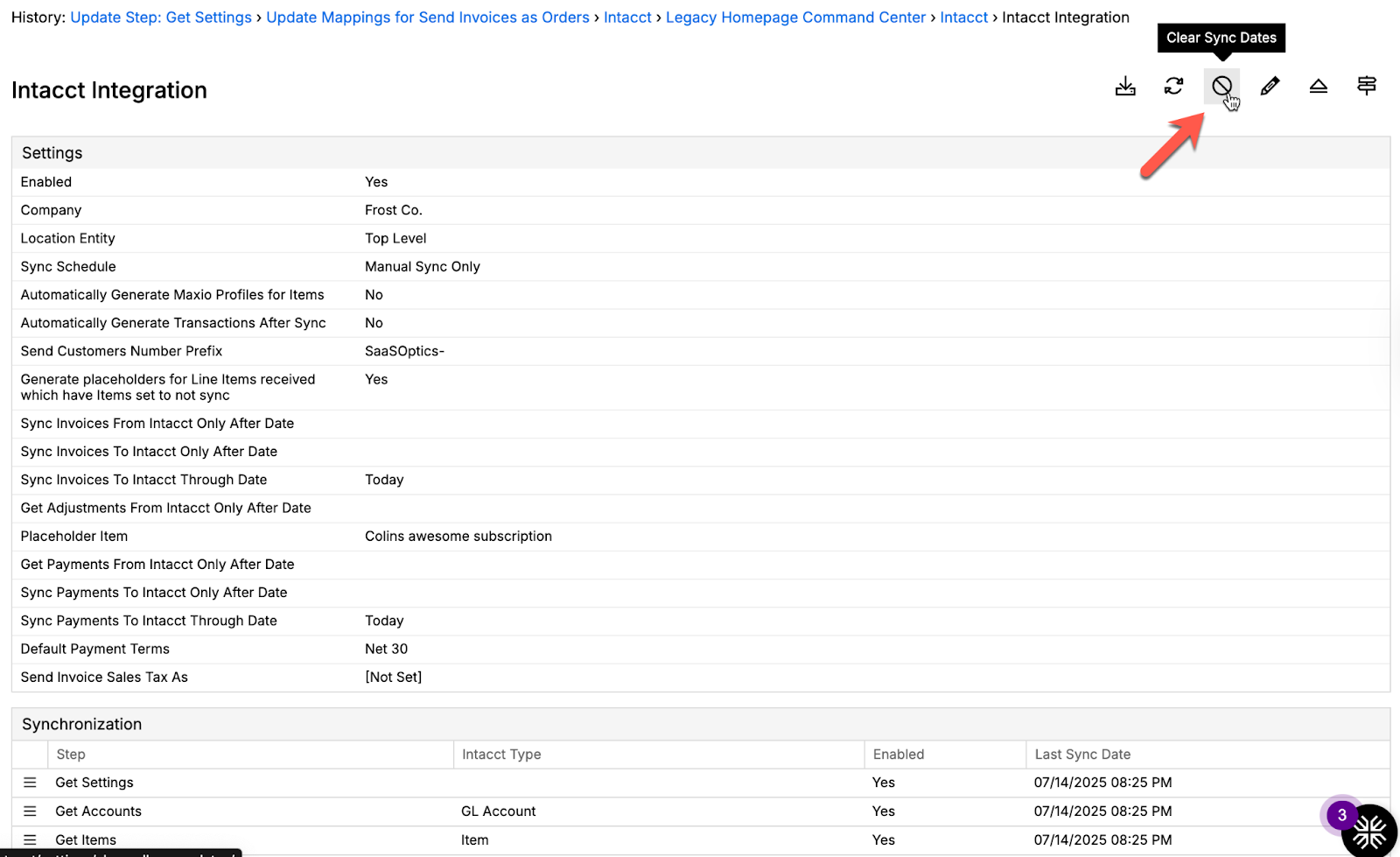 Intacct integration settings with a Clear Sync Dates tooltip shown over one of the toolbar icons