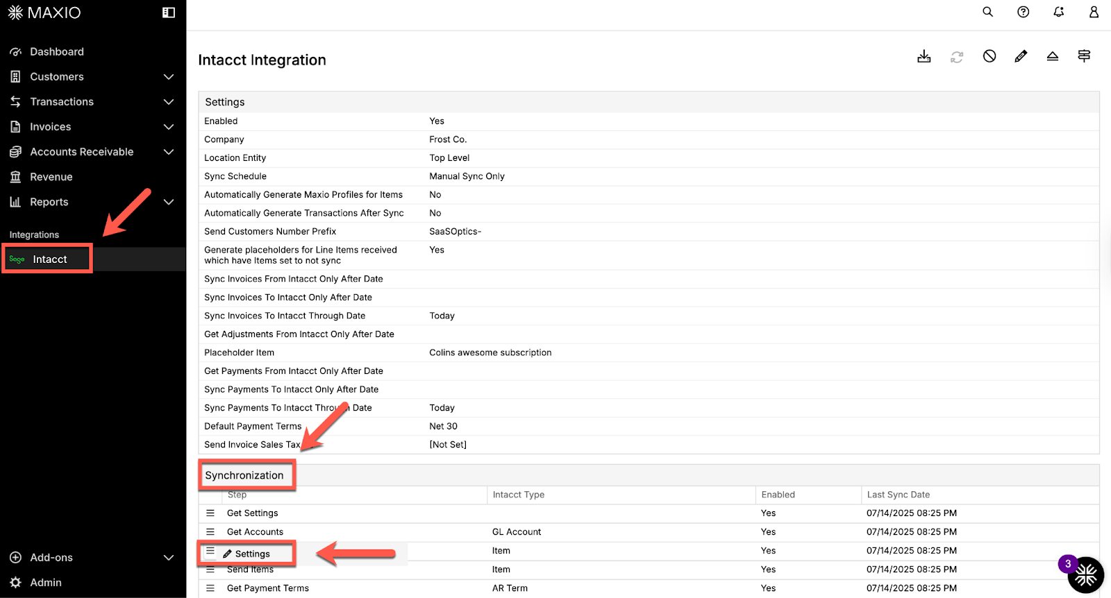 Synchronization step list with a hover menu open and Settings highlighted