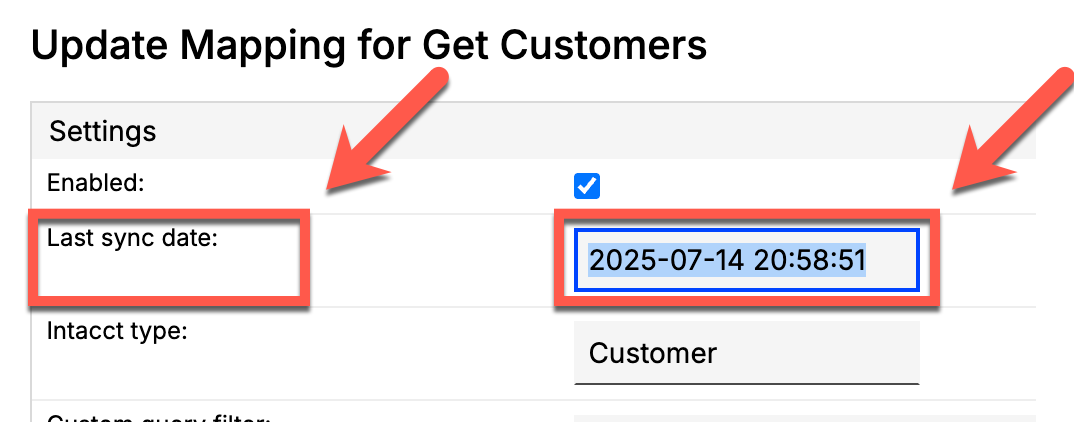 Update mapping panel for getting customers, with the last sync date field highlighted