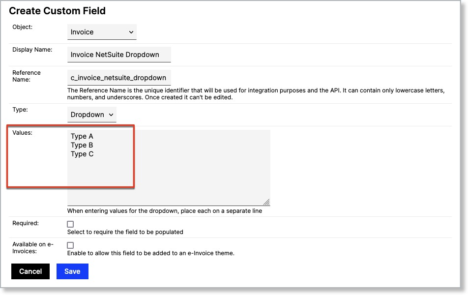 Custom field definition with an allowed-values list of Type A, Type B and Type C
