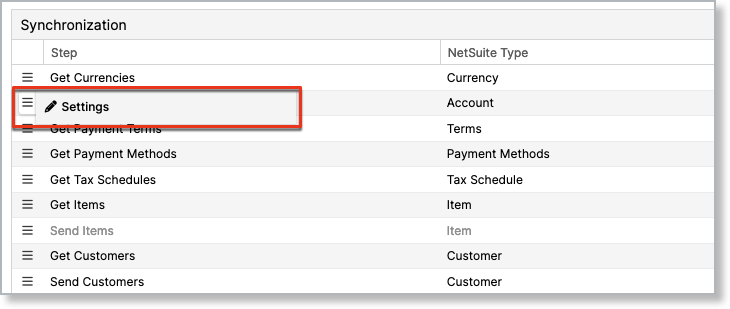 Sync step list with a hover menu open and Settings highlighted