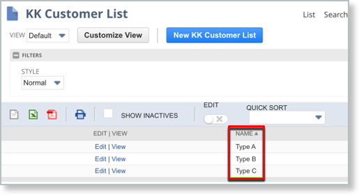 Customer list view with a name column holding the matching custom field values