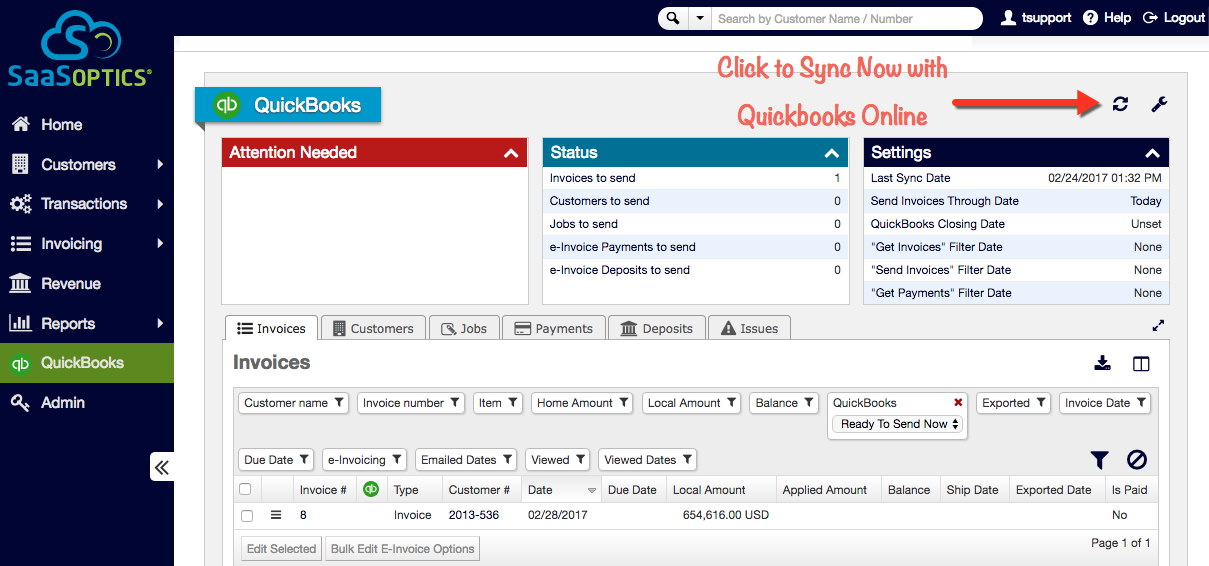 Maxio QuickBooks page with the sync control annotated