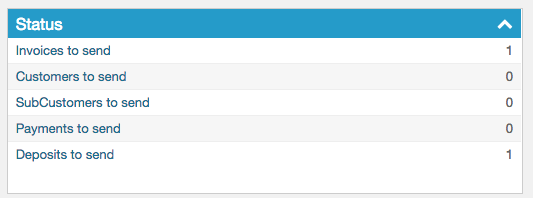 Status panel counting invoices, customers, sub-customers, payments and deposits waiting to send