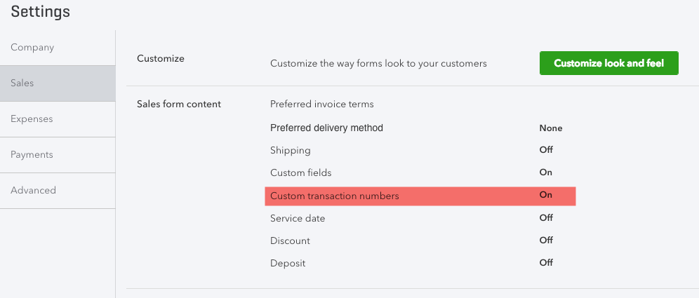 QuickBooks Online sales settings with custom transaction numbers switched on and highlighted