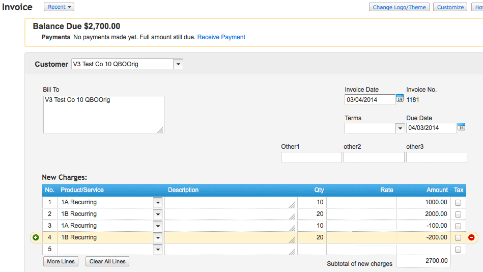 QuickBooks Online invoice with a negative line item, a balance due and a new-charges table