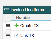 Invoice line items view with create and link transaction controls