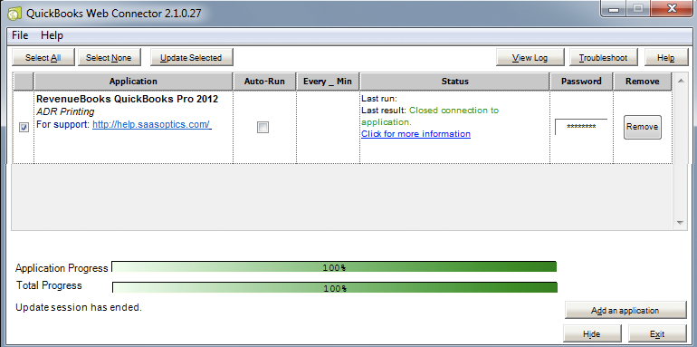 QuickBooks Web Connector mid-sync with a progress bar