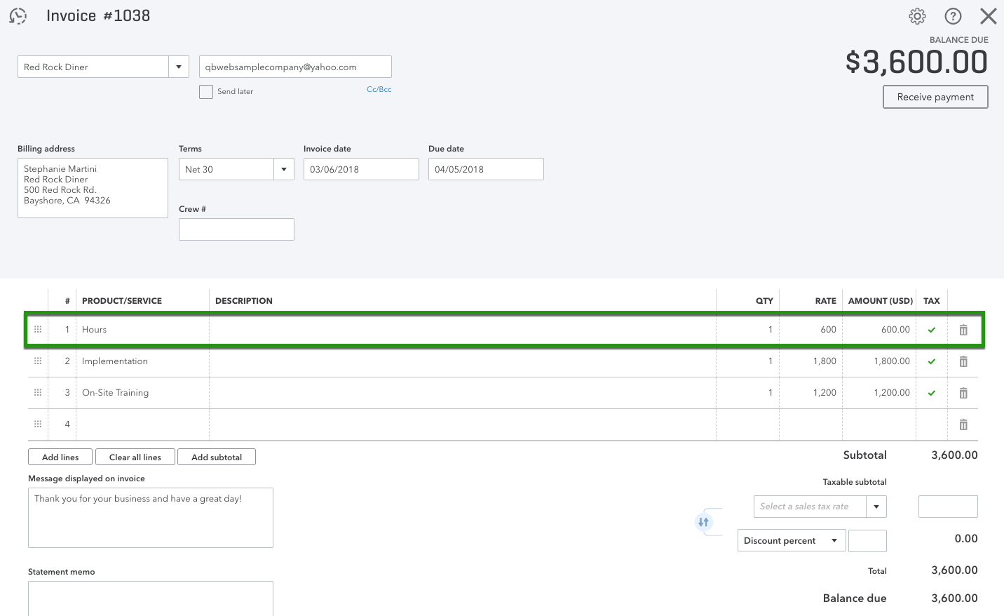 QuickBooks Online invoice with three product lines, one highlighted