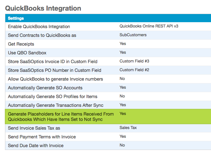 QuickBooks integration settings with the option to generate placeholders for non-syncing line items highlighted