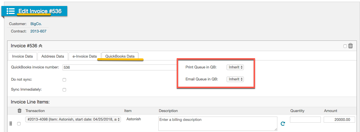 Maxio Edit Invoice on the QuickBooks Data tab, with the print and email queue fields set to inherit