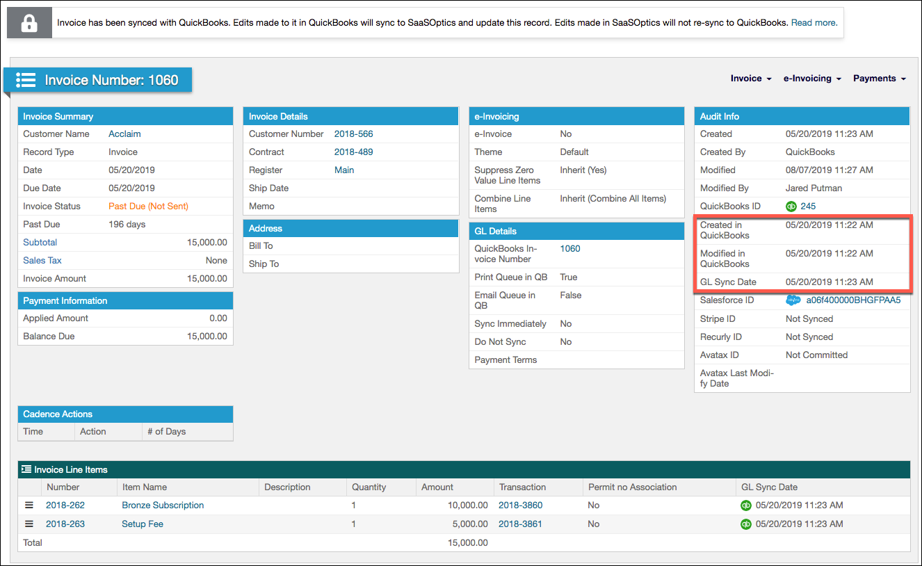 Maxio invoice banner confirming it has synced with QuickBooks, with the GL details highlighted