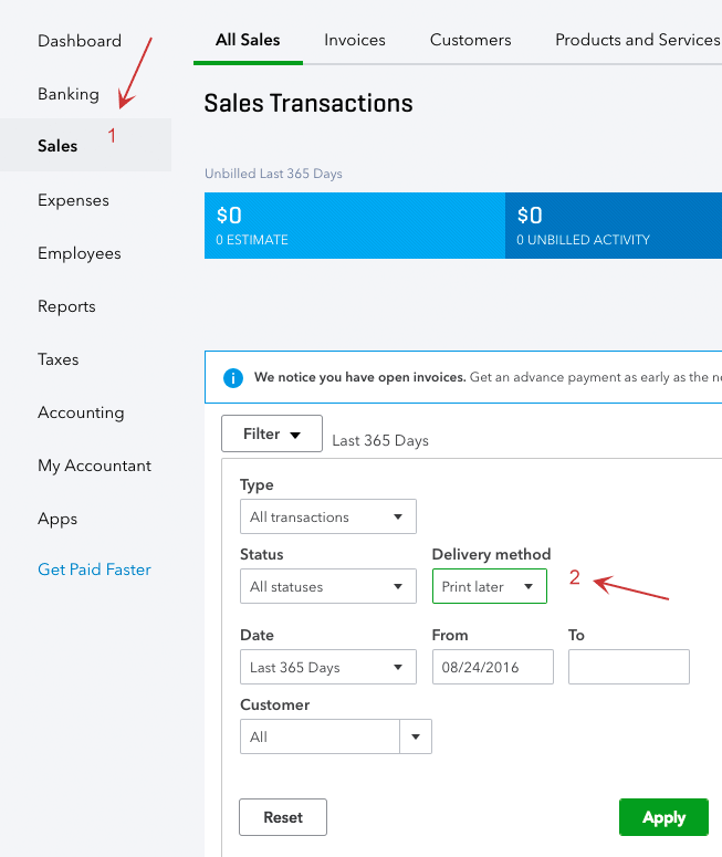 QuickBooks Online sales transactions with the Sales menu entry and the delivery method filter numbered as two steps