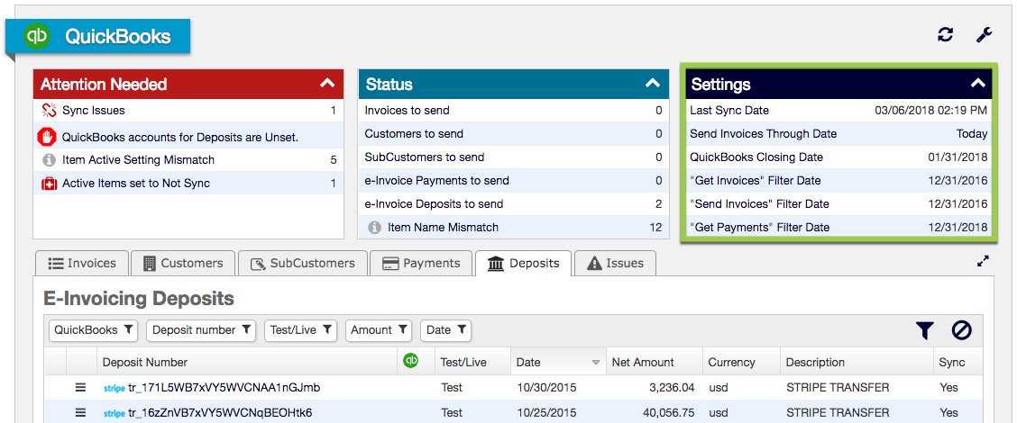 Maxio QuickBooks landing page with attention needed, status and settings panels, including last sync and closing dates